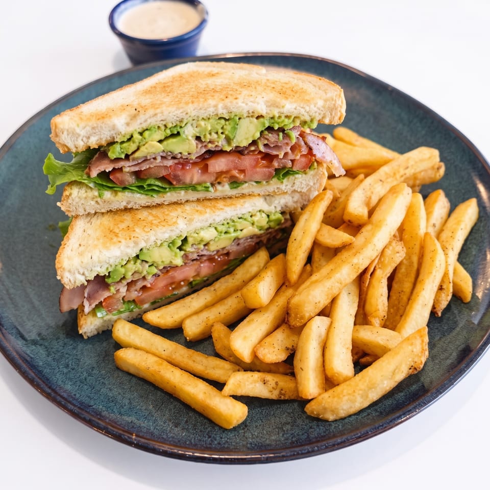 Toasted sandwich with avocado, bacon, tomato, and lettuce, served with golden french fries on a blue plate.