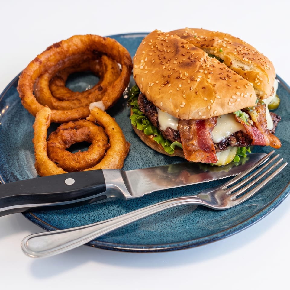 Delicious bacon cheeseburger and crispy onion rings served on a blue plate with cutlery.