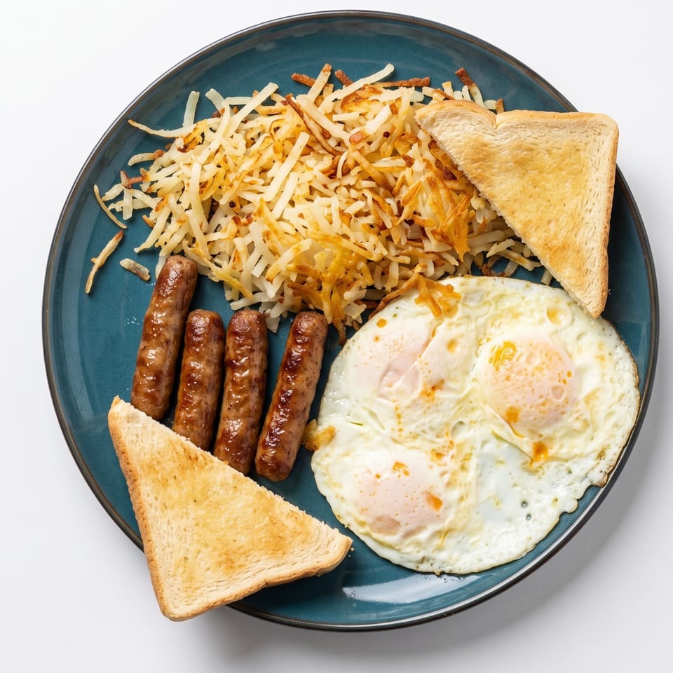 Breakfast plate with hash browns, four sausage links, two fried eggs, and two pieces of toast.