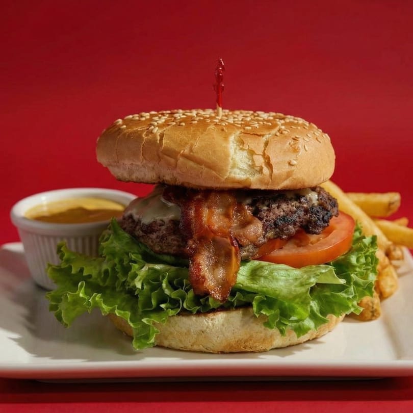 Bacon cheeseburger with lettuce, tomato, fries, and dipping sauce on a white plate.